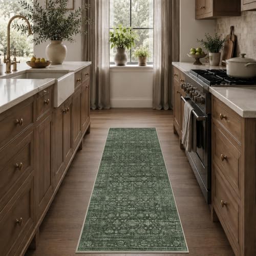 JOOJA 2'6"x8' Dark Olive Green Vintage Boho Runner Washable Hallway Rug