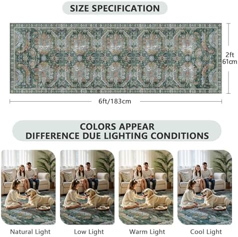 2x6 Hallway Runner Rug, Washable Vintage Retro Long Runner Rugs for Kitchen Laundry, Soft Ultra Thin Non Slip Low Pile Traditional Area Carpet for Bedroom Bathroom Indoor, Green
