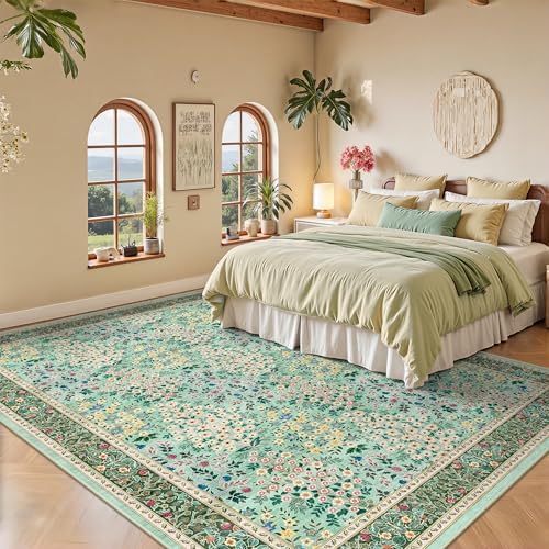 6x9 Area Rugs, Washable Floral Area Rugs for Living Room, Indoor Area Rug for Bedroom, Dining Room, Low Pile Non-Slip Non Shedding Rug(Green Floral)