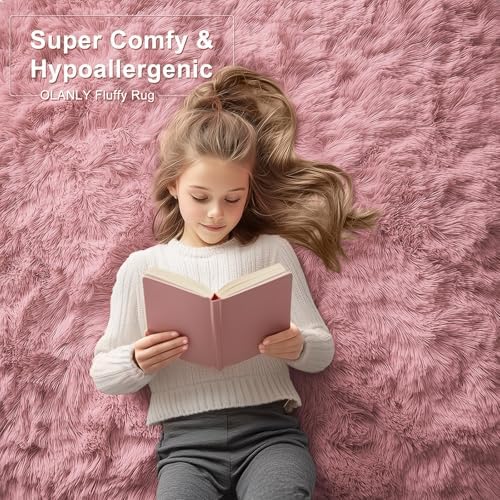 OLANLY 2x4 Machine Washable Runner Rugs for Hallway, Soft Fluffy Shaggy Bedside Rugs for Bedroom, Living Room, Indoor Floor Carpet for Kids Girls Boys, Nursery Rooms, Home Decor Aesthetic, Pale Pink