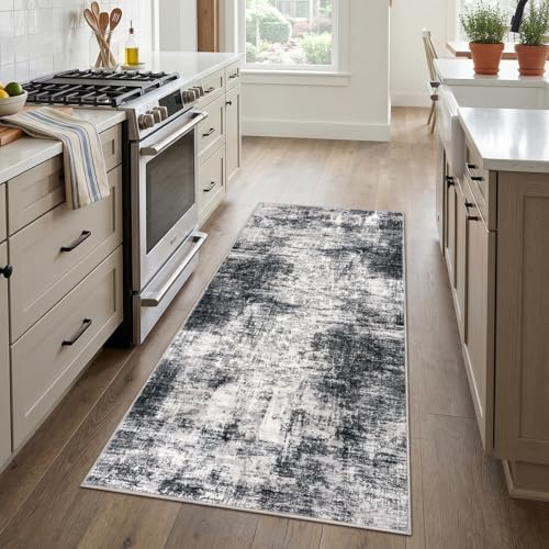 IOHOUZE Abstract Runner Rug 3x6 Ft Washable Runners for Hallways, Non Slip Kitchen Runner Printed Faux Wool Entryway Runner Indoor, Floor Carpet for Hall Kitchen Bedroom, Black Grey