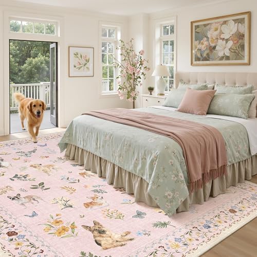 Soalmost Dog 8x10 Pink Area Rugs for Baby Girl Nursery, Washable Soft Rug