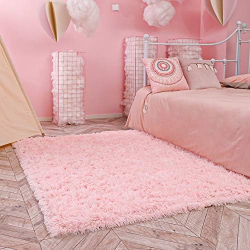 Ophanie Pink Area Rugs for Bedroom Girls, 5x7 Kids Fluffy Fuzzy Furry Shag Carpet, Plush Soft Cute Baby Shaggy Bedside Indoor Floor Rug for Teen Dorm Decor, Nursery with Over 99 pcs Pile fibers