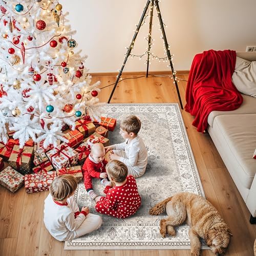 3x5 Living Room Area Rugs: Vintage Washable Non-Slip Rug for Bedroom Dining Room Soft Carpet for Nursery Kitchen Home Office Durable & Easy-Clean Design Perfect for Homes with Cats & Dogs(3x5 Beige)