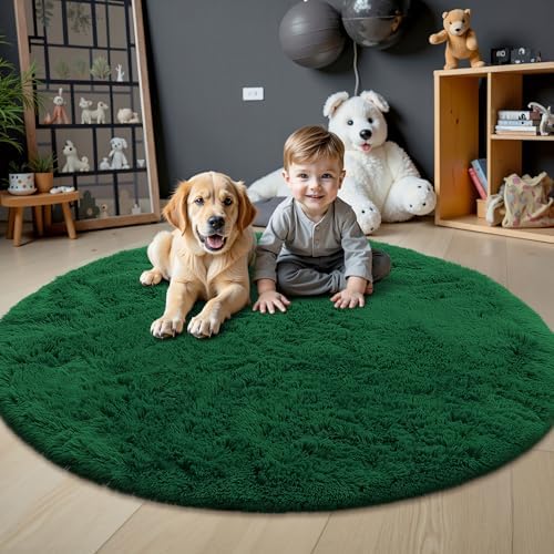 OLANLY Dark Green Round Rugs for Bedroom - Machine Washable, 8 ft Circle Area Rugs for Living Room, Soft and Fluffy Shaggy Carpet for Teen Girls and Boys, Nursery Rooms, Dorms, Home Decor Aesthetic