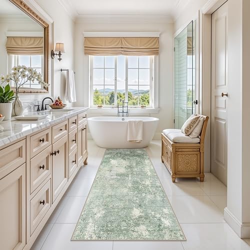 Washable Kitchen Runner Rug 3x6 - Non Slip Stain Resistant Low-Pile Thin Wide Carpet Runners for Entryway Hallway Bathroom Bedside, Modern Neutral Abstract, Sage Green, 3x6
