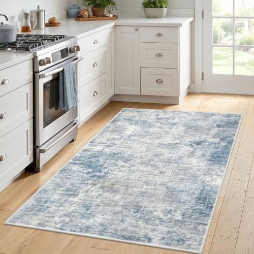 IOHOUZE Abstract Area Rug 4x6 Ft Washable Rugs for Entryway Indoor, Non Slip Small Living Room Rugs Printed Faux Wool Throw Rug, Floor Carpet for Kitchen Nursery Playroom, Light Blue Grey