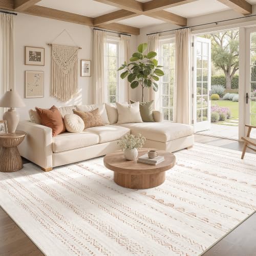 Nakagishi 10x13 Area Rugs Living Room: Washable Boho Large Neutral Soft Farmhouse Rug Stain Resistant Modern Moroccan Non-Slip Indoor Floor Carpet for Bedroom Nursery Kids Playroom Office- Brown