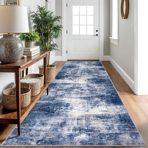 IOHOUZE Abstract Runner Rug 3x10 Ft Washable Runners for Hallways, Non Slip Kitchen Runner Printed Faux Wool Entryway Runner Indoor, Modern Abstract Floor Carpet for Hall Bedroom, Navy/Grey