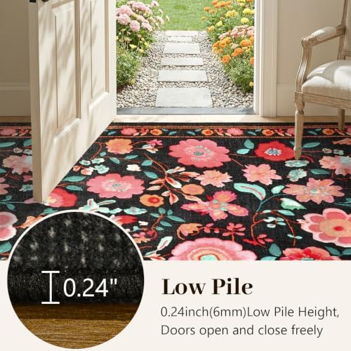 8x10 Ft Washable Area Rug for Living Room Black Vintage Floral Carpet