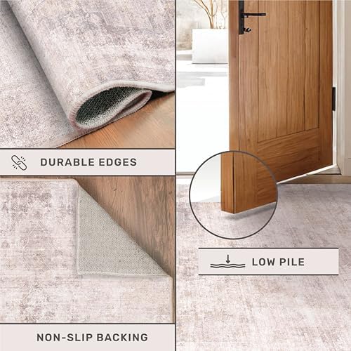 Pink Mauve and Grey Living Room Rug 8x10 - Modern Distressed Medallion Area Rug for Dining Room Under Table, Bedroom, Washable Non Slip High Traffic Low Pile Thin Floor Carpet, Distressed Design