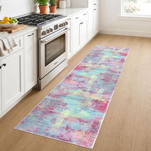 IOHOUZE Abstract Runner Rug 2x7 Ft Washable Runners for Hallways, Non Slip Kitchen Runner Printed Faux Wool Entryway Runners Indoor, Modern Abstract Floor Carpet for Hall Kitchen Bedroom, Pink Teal