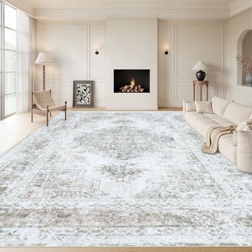 XLUEZ Area Rug 10x14 Living Room Rugs, Machine Washable Vintage Distressed Medallion Rug Non-Slip Soft Low Pile Large Indoor Rugs for Bedroom Kitchen Dining Room Office(Taupe,10'x14')