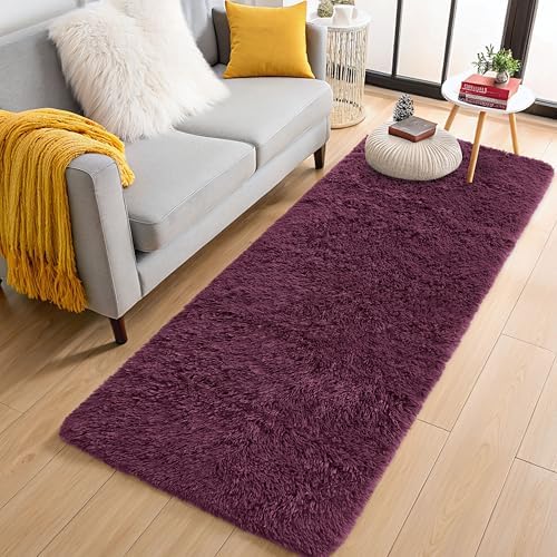 OLANLY 2x5 Machine Washable Runner Rugs for Hallway, Soft Fluffy Shaggy Bedside Rugs for Bedroom, Living Room, Indoor Floor Carpet for Kids Girls Boys, Nursery Rooms, Home Decor Aesthetic, Burgundy