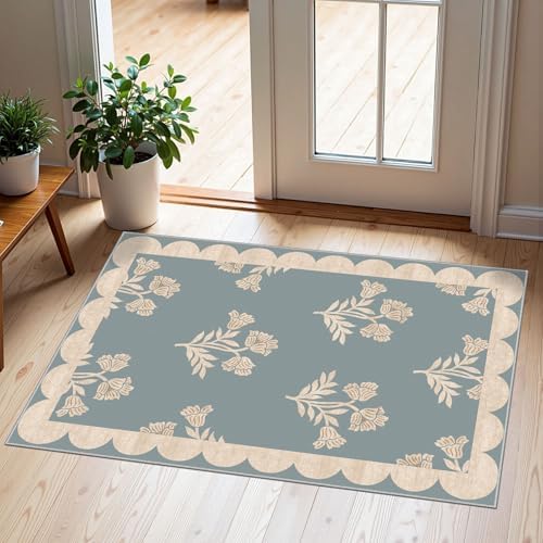 Front Door Mat Indoor Outside Entrance 2x3 Blue Scalloped Entry Rug