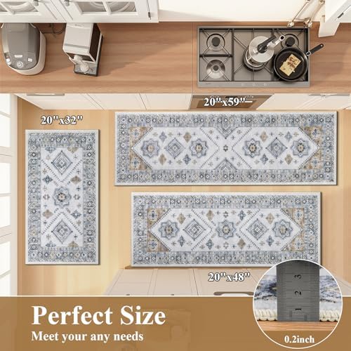 HEBE Boho Kitchen Rugs Set of 3, Non Slip Washable Kitchen Mats for Floor