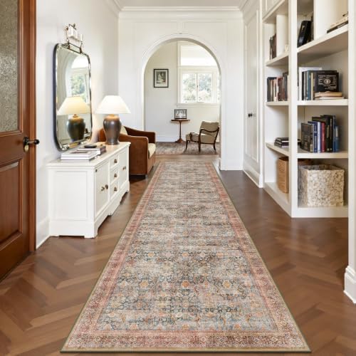 2x10 Hallway Runner Rug, Washable Vintage Retro Long Runner Rugs for Kitchen Laundry, Soft Ultra Thin Non Slip Low Pile Traditional Distressed Boho Carpet for Bedroom Bathroom, Rust Clay
