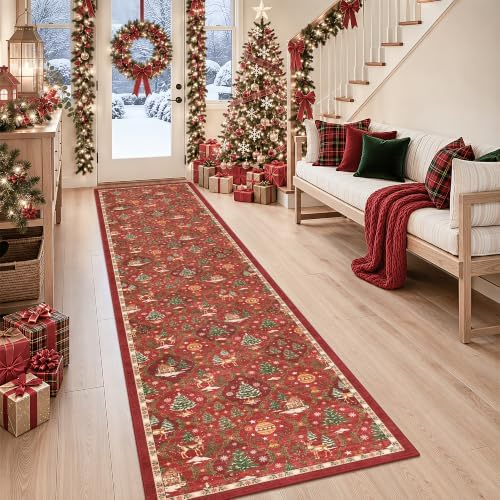 Christmas 2x10 Runner Rugs for Hallway, Red Non Slip Washable Kitchen Rug