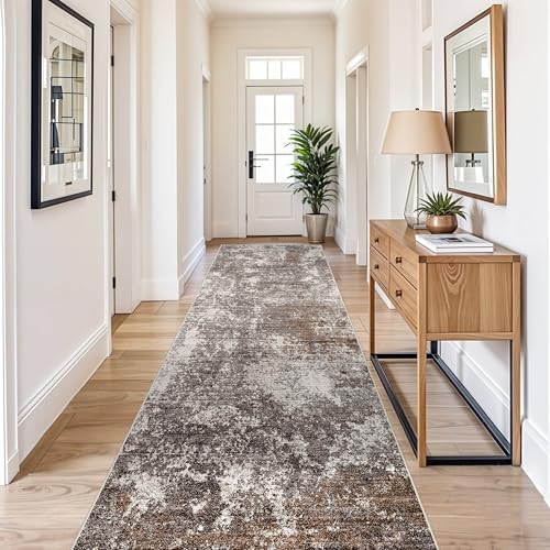 4x9 Wide Runner Rug for Hallway, Washable Non Slip Long Kitchen Rug, Soft Low Pile Carpet for Entryway Bedroom, Modern Abstract Area Rug (Brown Beige,4x9)