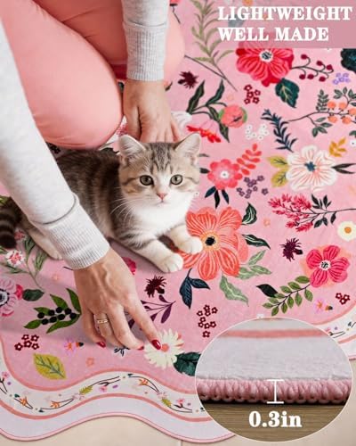Macgace Floral Round Rug for Girls Bedroom, Washable 5ft Pink Area Rugs
