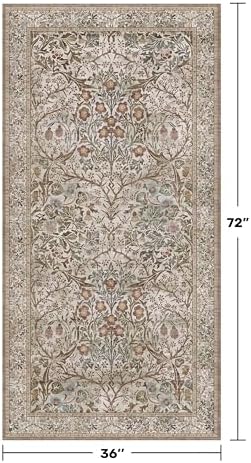 Vintage Moss Green 3x6 Runner Rugs for Large Entryway, Bedroom Beside Rug, Kitchen, Non-Slip Low Pile Ultra Soft Stain Resistant Small Floral Neutral Carpet