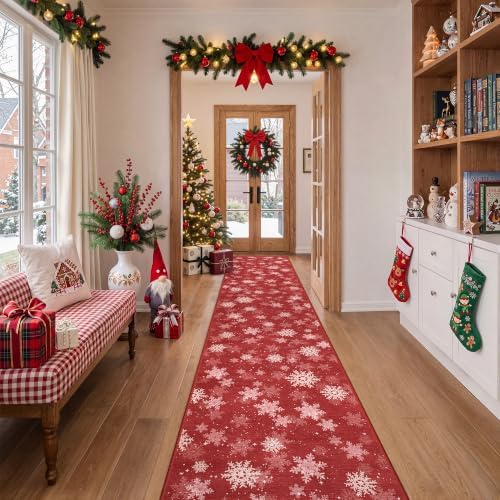 2x10 Christmas Runner Rug for Hallway,Washable Kitchen Rugs,Red