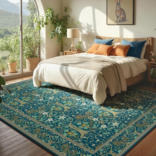 Joydeco Washable Large Area Rug 8x10, Boho Floral Rugs for Living Room Non Slip, Soft Low-Pile Botanical Forest Indoor Floor Throw Carpet for Dining Home Office Playroom