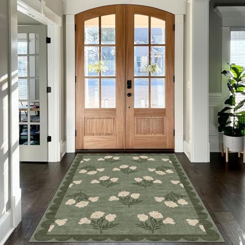 4x6 Covered Outdoor Patio Rug - Green Washable Front Porch Entry Rug Non-Slip Door Mat Indoor Outside Entrance Vintage Floral Scalloped Area Rug for Living Room Entryway Backyard Porch Decor