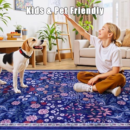 PLHXFR Area Rug 10x14 Living Room: Floral Washable Boho Soft Carpet Blue