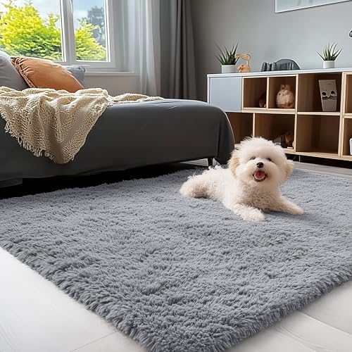 OLANLY 3x4 Machine Washable Accent Rug, Soft Fluffy Shaggy Area Rug for Bedroom, Living Room, Indoor Floor Carpet for Kids, Nursery, Home Decor, Light Grey