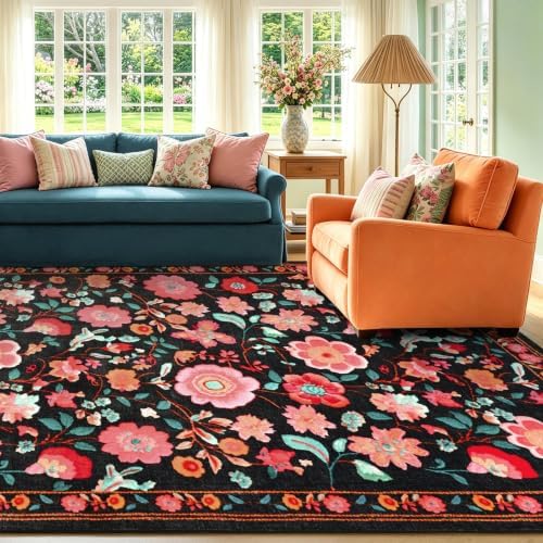 8x10 Ft Washable Area Rug for Living Room Black Vintage Floral Carpet