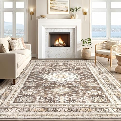 cotiled 7x10 Area Rug for Living Room, Washable, Traditional, Dark Brown