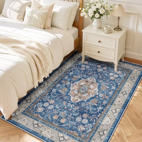 SameBed 5x7 Area Rug Living Room, Vintage Washable Carpet Blue