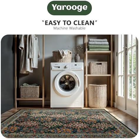 6x9 Area Rugs, Washable Floral Area Rugs for Living Room, Indoor Area Rug for Bedroom, Dining Room, Low Pile Non-Slip Non Shedding Rug(Black Floral)