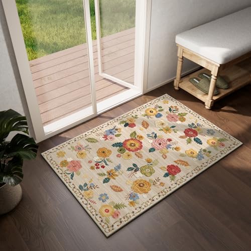 Washable Small Area Rug for Entryway: 2x3 Throw Rugs Non Slip Floral Carpet