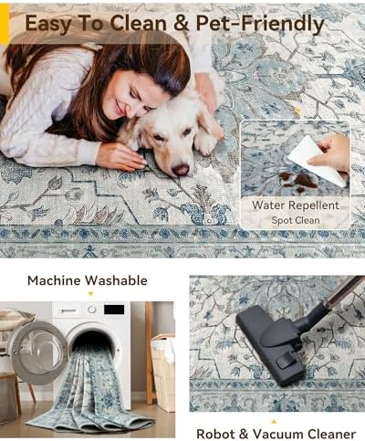RELEANY Washable Area Rug, Runner 3'x10', Blue/White/Gray