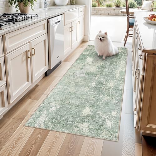 Washable Kitchen Runner Rug 3x6 - Non Slip Stain Resistant Low-Pile Thin Wide Carpet Runners for Entryway Hallway Bathroom Bedside, Modern Neutral Abstract, Sage Green, 3x6