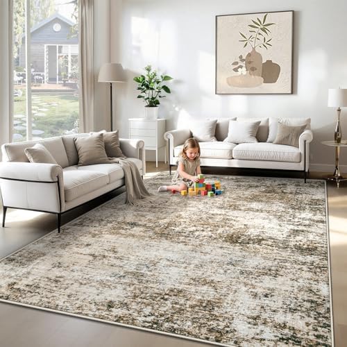 XLUEZ 6x9 Area Rugs for Living Room, Washable Modern Abstract Large Area Rug Neutral Soft Non Slip Kids Rug Stain Resistant Indoor Carpet for Bedroom Nursery Dining Room Playroom(Brown, 6'x9')
