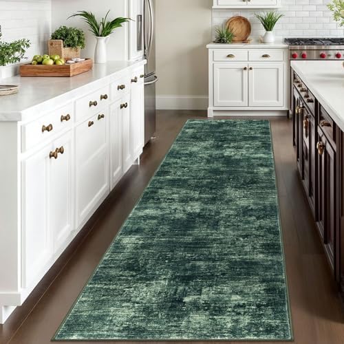 IOHOUZE Abstract Runner Rug 3x10 Ft Washable Runners for Hallways, Non Slip Kitchen Runner Printed Faux Wool Entryway Runner Indoor, Modern Abstract Floor Carpet for Hall Bedroom, Dark Green