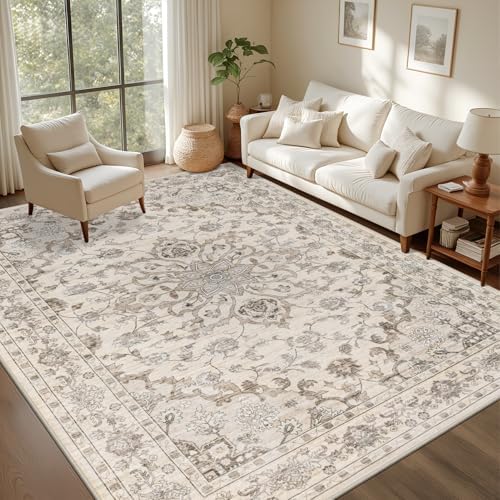 9x12 Area Rugs Living Room: Washable Rug for Bedroom Brown Beige