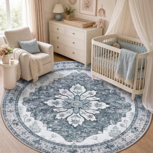 RELEANY Washable Area Rug, Round 5ft, Grey/White/Beige