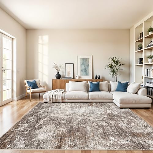 8x10 Washable Living Room Rug – Modern Neutral Abstract Large Area Rug for Bedroom Dining Room Kitchen Home Office Under Table – Non-Slip Low Pile Soft Thin Indoor Carpet (Brown Beige,8x10)