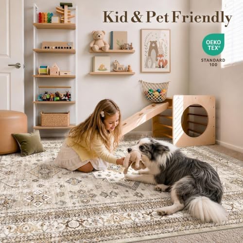 cotiled 5x7 Area Rug for Living Room, Washable, Traditional, Beige
