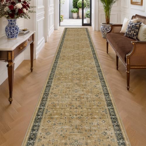 Hazo Haus Washable Earthy Tone 3x20 Extra Long Hallway Runner Rug, Boho Kitchen Floor Rug Indoor, Non-Slip Stain & Fade Resistant, Vintage Rustic Brown and Charcoal Olive Floral Décor