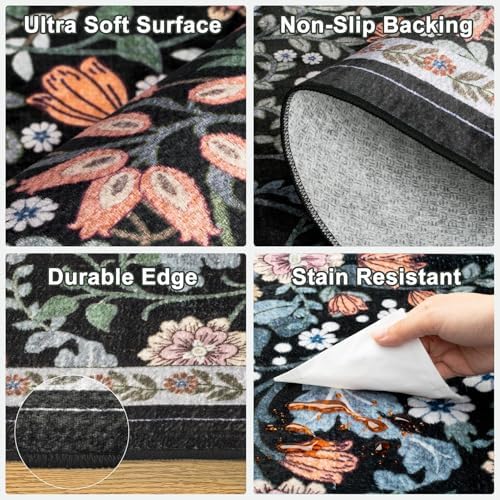 PLHXFR 6x9 Area Rug Living Room: Floral Washable Boho Carpet Dark Black
