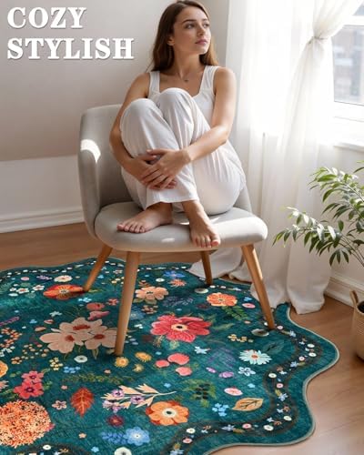 Macgace Floral Round Rug for Girls Bedroom, Washable 5ft Green Area Rugs