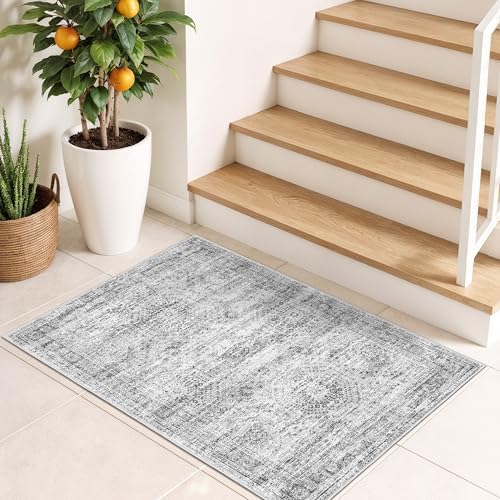 2x3 Rug Non Slip, Small Washable Entryway Rug,Grey