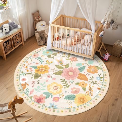RELEANY Floral Washable Round 4ft Area Rug Beige/White/Orange