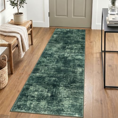IOHOUZE Abstract Runner Rug 2x6 Ft Washable Runners for Hallways, Non Slip Kitchen Runner Printed Faux Wool Entryway Runner Indoor, Modern Abstract Floor Carpet for Hall Kitchen Bedroom, Dark Green