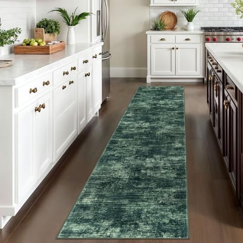 IOHOUZE Abstract Runner Rug 2x10 Ft Washable Runners for Hallways, Non Slip Kitchen Runner Printed Faux Wool Entryway Runner Indoor, Modern Abstract Floor Carpet for Hall Kitchen, Dark Green